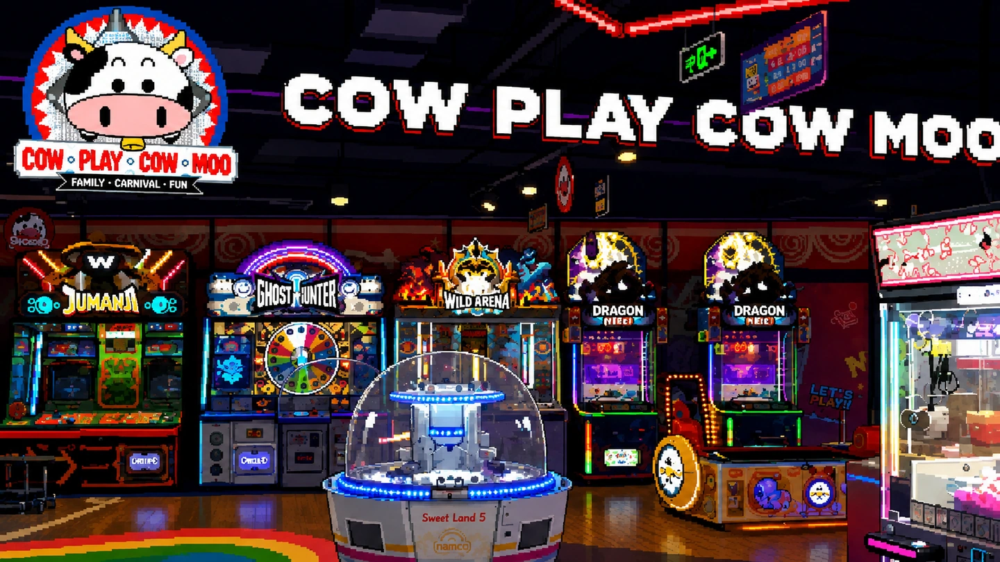 Pixel-art illustration inside Cow Play Cow Moo at Suntec City, the cartoon cow logo and lit signage above a row of arcade cabinets and a domed prize machine.