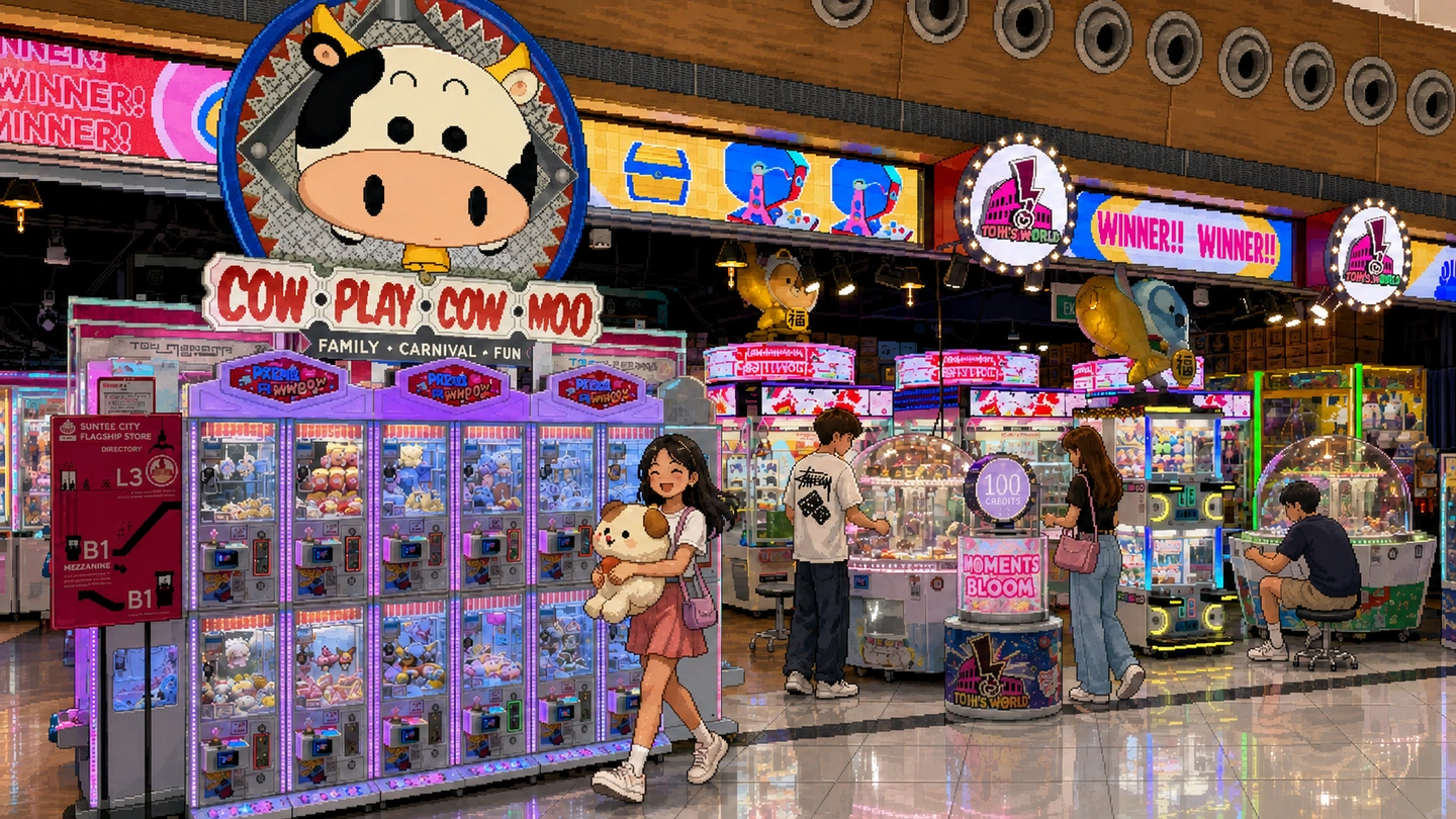 Pixel-art illustration of a girl walking away from a wall of claw machines with a large soft toy dog under her arm, the Cow Play Cow Moo mascot sign above her and more players along the aisle behind.