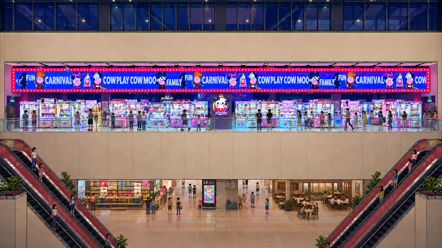 Pixel-art illustration of the Cow Play Cow Moo frontage seen across a mall atrium, a long lit carnival sign above an open floor of claw machines busy with players.