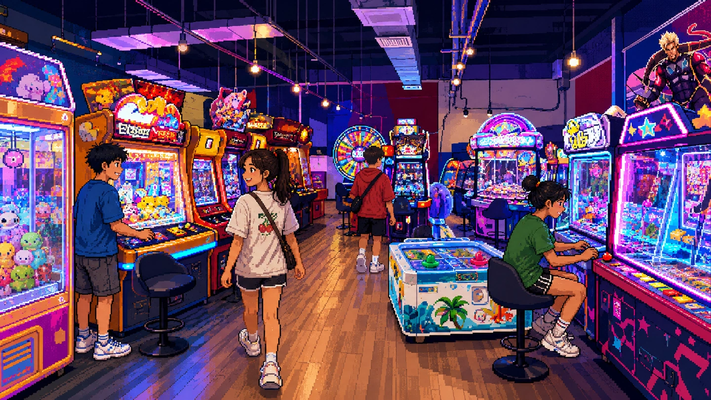 Pixel-art illustration of an arcade aisle at Cow Play Cow Moo, claw machines full of soft toys down one side, a fishing game and prize cabinets down the other, and players at the controls on both.