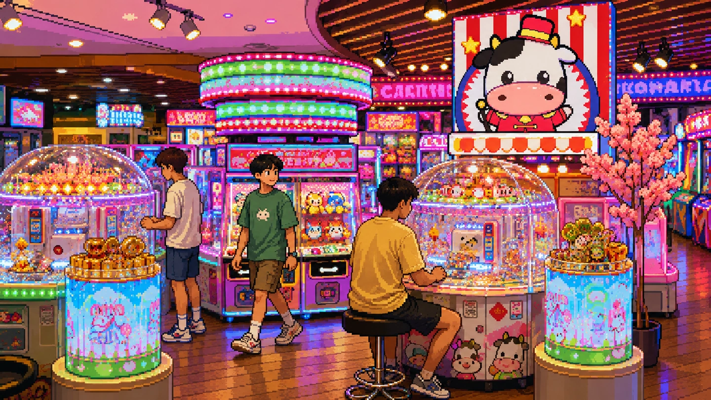 Pixel-art illustration of three young people among the domed coin pushers and prize machines at Cow Play Cow Moo, the cow mascot sign lit above the carnival-styled arcade floor.