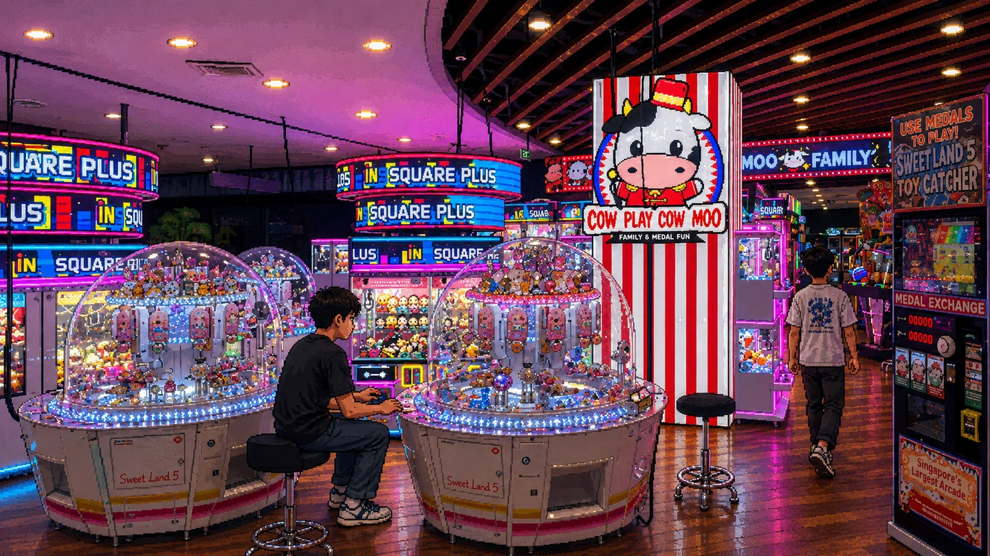 Pixel-art illustration of a boy on a stool playing a domed Sweet Land 5 prize machine inside Cow Play Cow Moo, the cow mascot sign on a red and white striped column behind and neon arcade signs overhead.