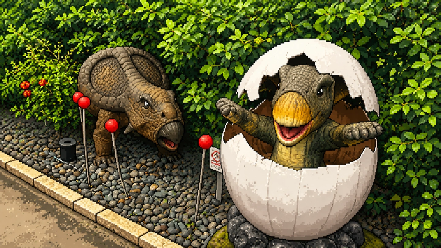 Pixel-art illustration of two dinosaur models beside a mini golf path, one hatching from a cracked egg, with red-topped course markers set into the gravel border.