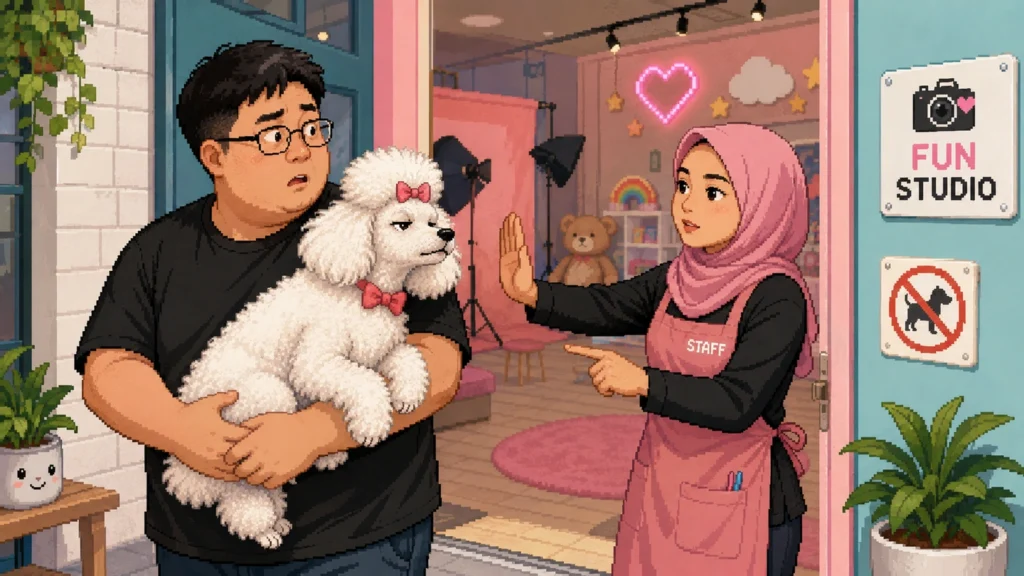 Pixel-art illustration of a man holding a white poodle at a photo studio door, a staff member raising a hand to stop him beside a no-dogs sign.