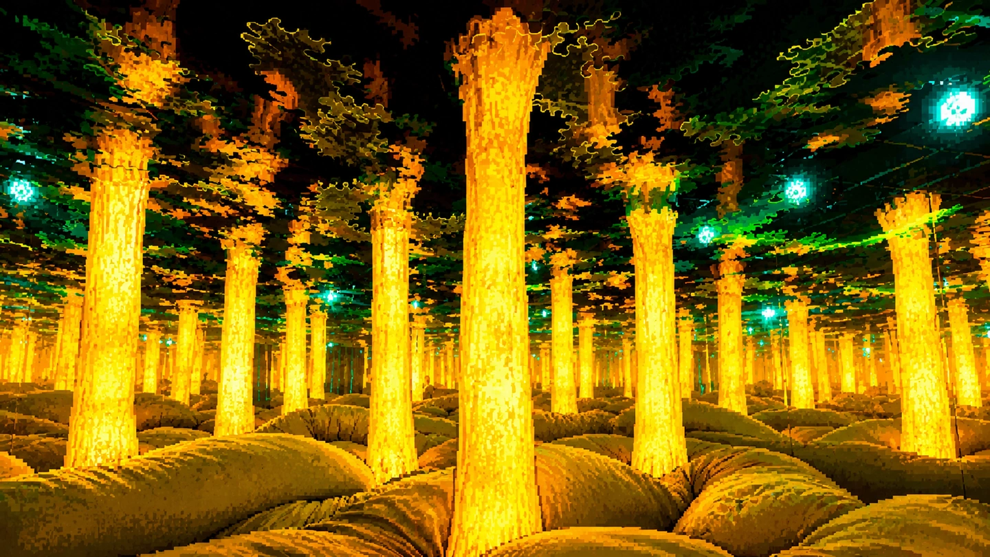 Pixel-art illustration of a mirrored room at Dopamine Land, filled with glowing golden tree trunks repeating into the distance above soft cushioned mounds.