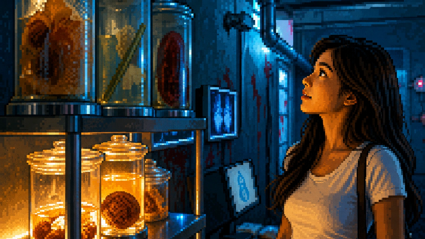 Pixel-art illustration of a player at Escape @ Science Centre studying specimen jars on a lit laboratory shelf, an x-ray lightbox on the wall beside her.