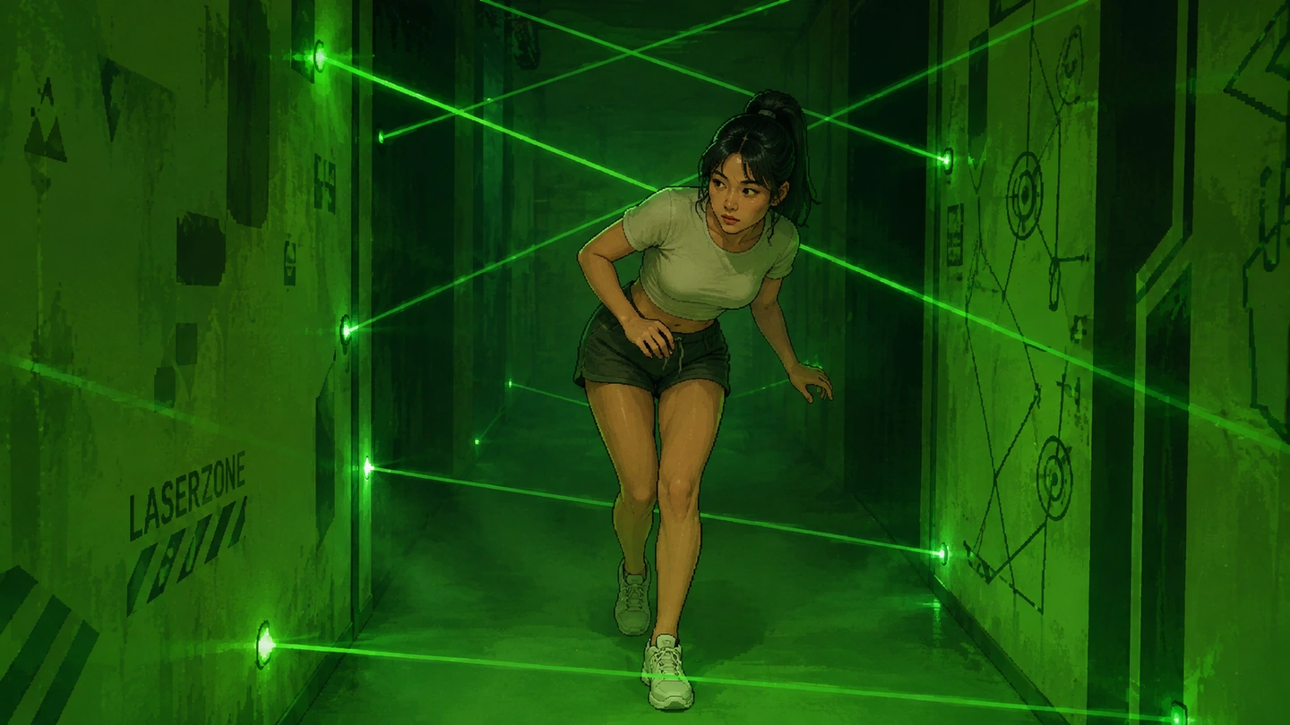 Illustration of a woman ducking under a crossing grid of green laser beams in a narrow concrete corridor, hazard markings and schematic diagrams painted on the walls either side.