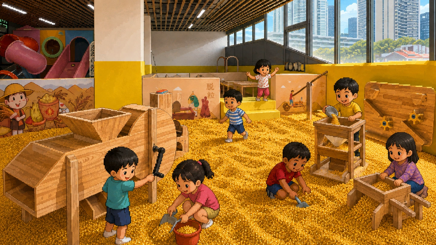 Pixel-art illustration of children digging and sifting in a grain pit at F3 Theme Park, working wooden threshing and milling machines around them and a slide beyond the windows.