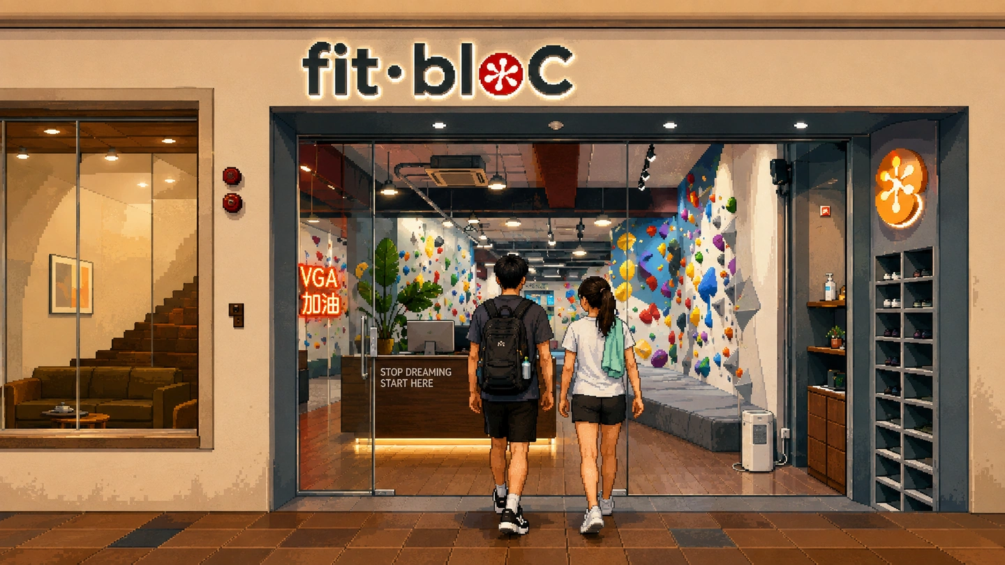 Pixel-art illustration of two people walking into the fit and bloc shopfront, the lit sign above them and bouldering walls and a shoe rack visible through the glass.