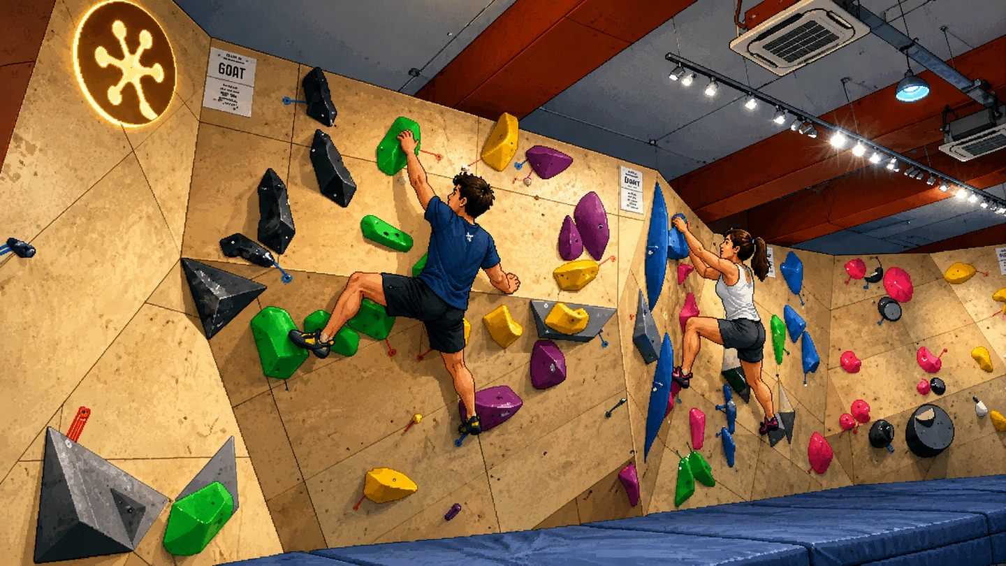 Pixel-art illustration of two climbers working overhanging plywood bouldering walls under track lighting, the fit and bloc roundel lit on the wall beside them.