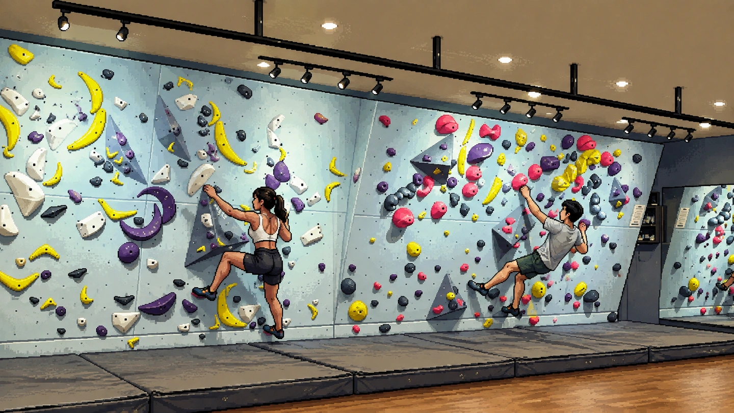 Pixel-art illustration of two climbers on a pale bouldering wall set with banana-shaped holds, thick mats along the floor beneath them.