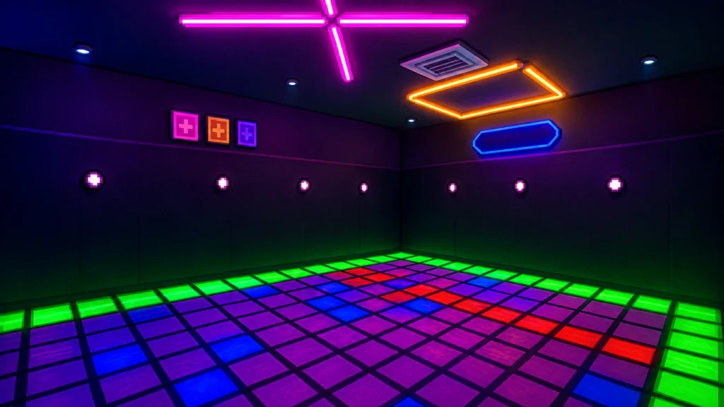 Pixel-art illustration of the arena at Floor Is Lava Cineleisure, a dark padded room lit by a grid of glowing green, blue, red and purple floor tiles beneath neon ceiling strips.