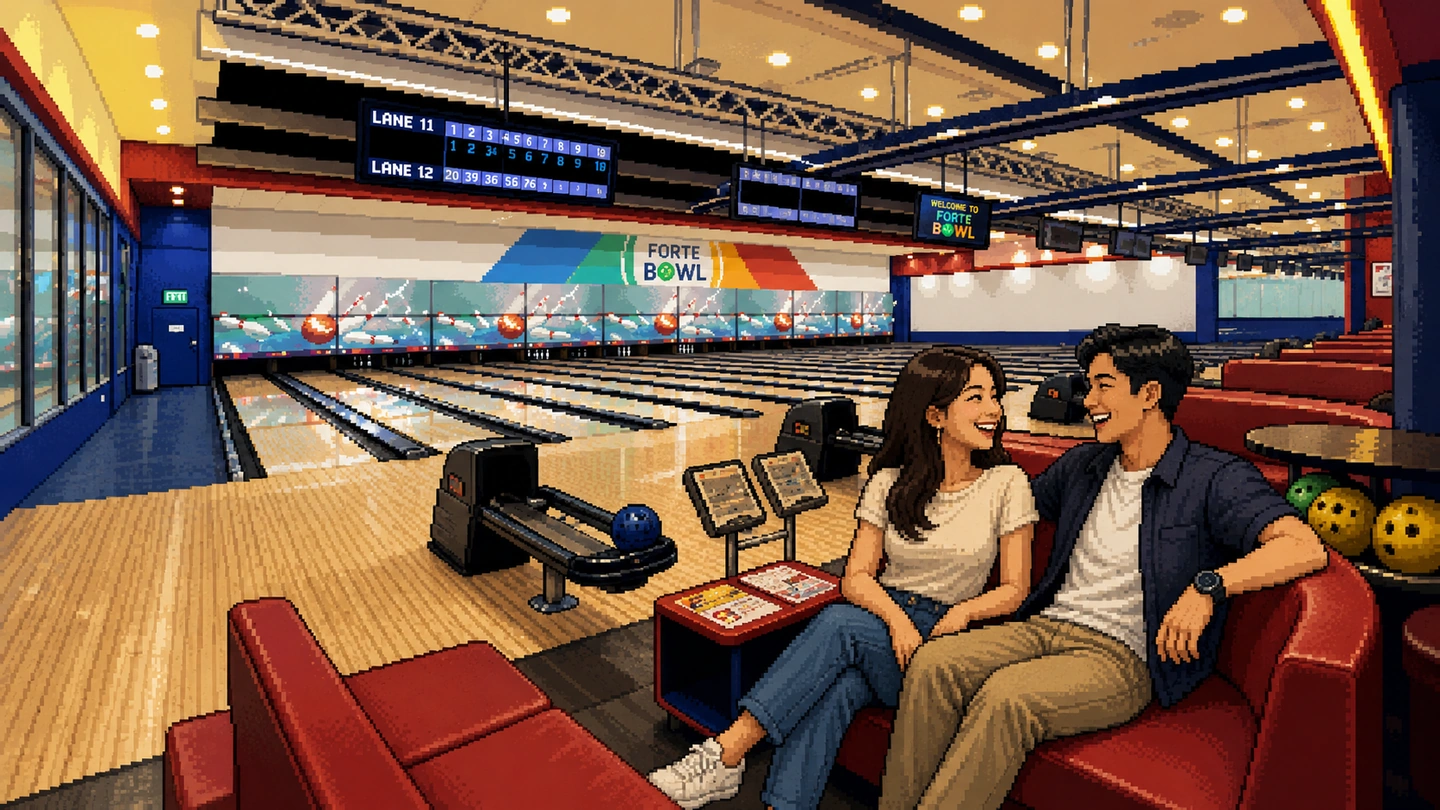 Pixel-art illustration of a couple laughing together on the seating at Forte Bowl Hougang, the lanes and scoring screens stretching away behind them.