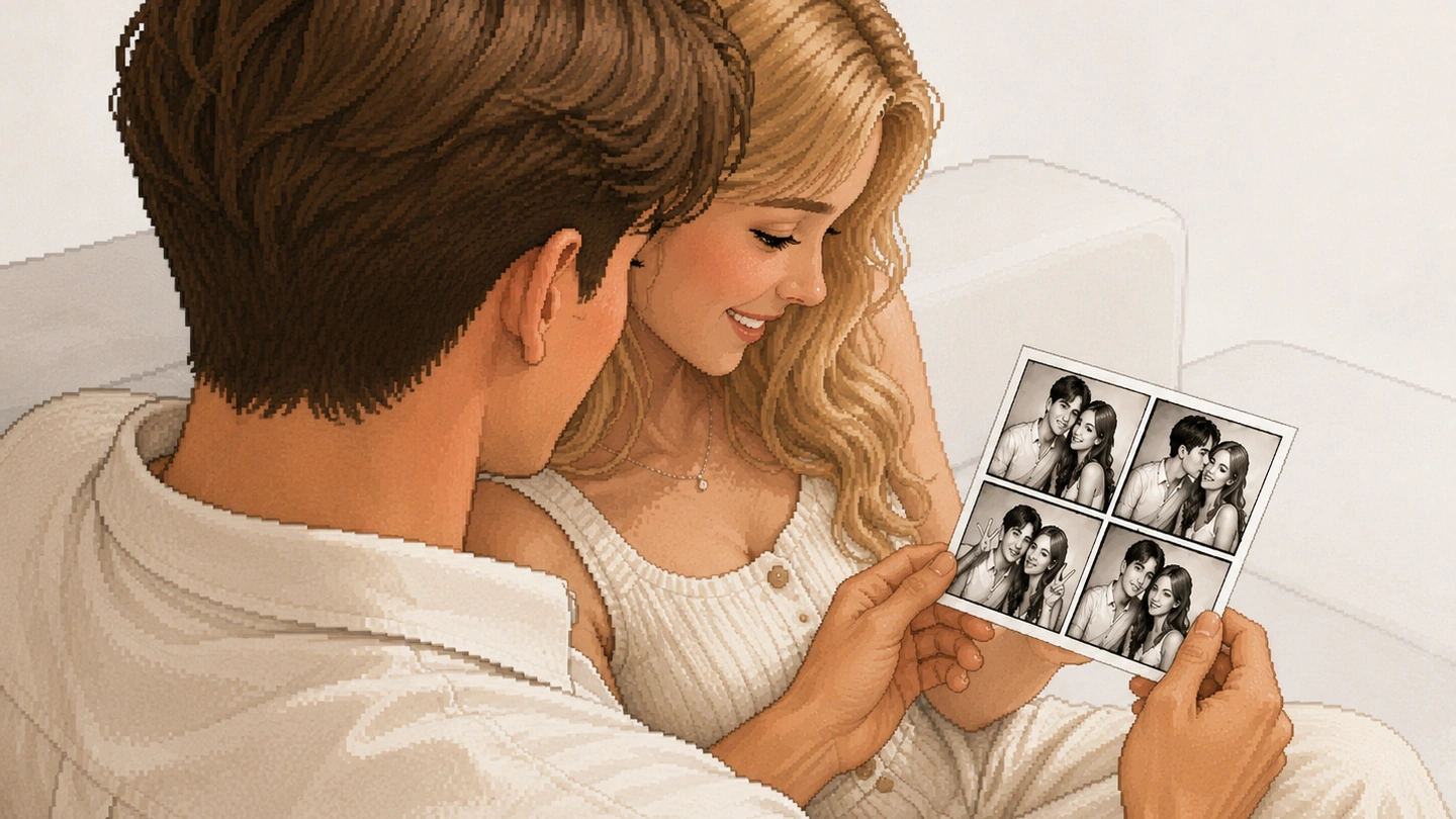 Pixel-art illustration of a couple sitting close together looking at the four-frame black and white photo strip they have just printed at Fotomat.
