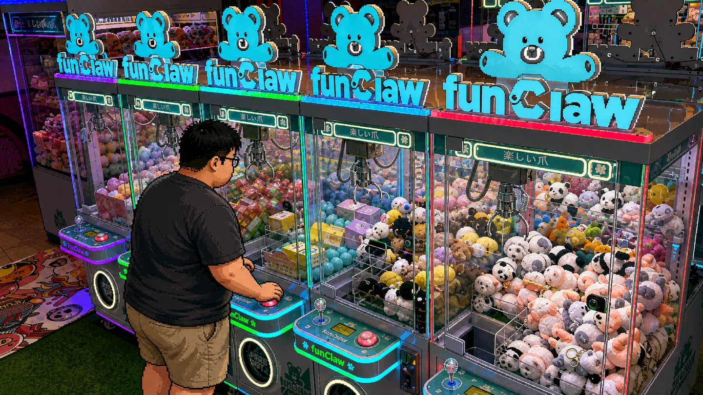 Pixel-art illustration of a man playing a claw machine at Fun Claw, a row of cabinets under lit teddy bear signs packed with plush and boxed prizes.