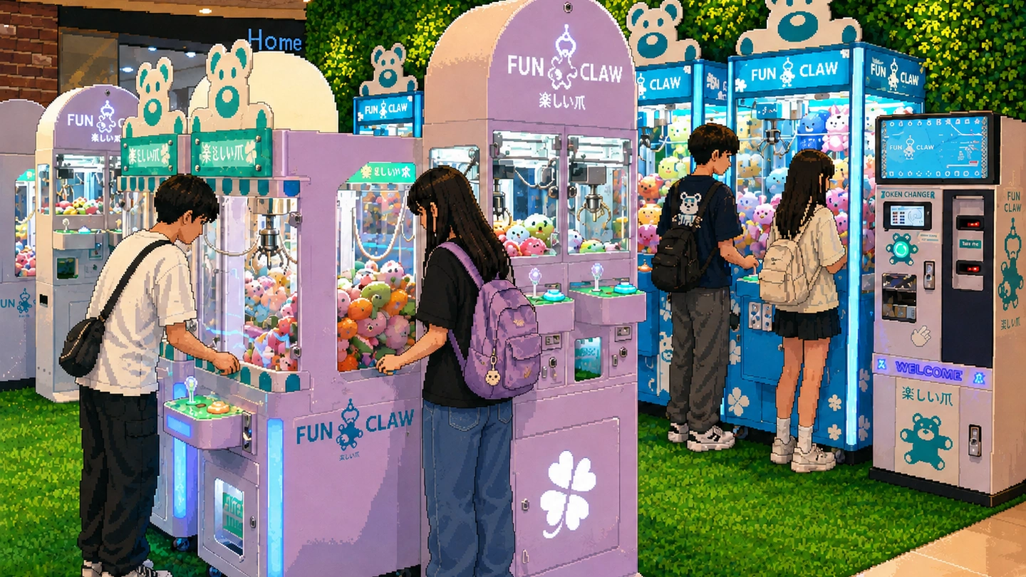 Pixel-art illustration of four young people playing rows of lilac and blue Fun Claw claw machines packed with soft toys, a token changer beside them and artificial grass underfoot.