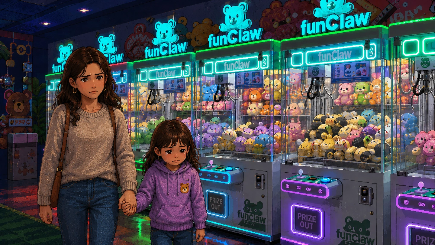 Pixel-art illustration of a mother and daughter walking away empty-handed from a row of lit Fun Claw machines, both looking downcast.