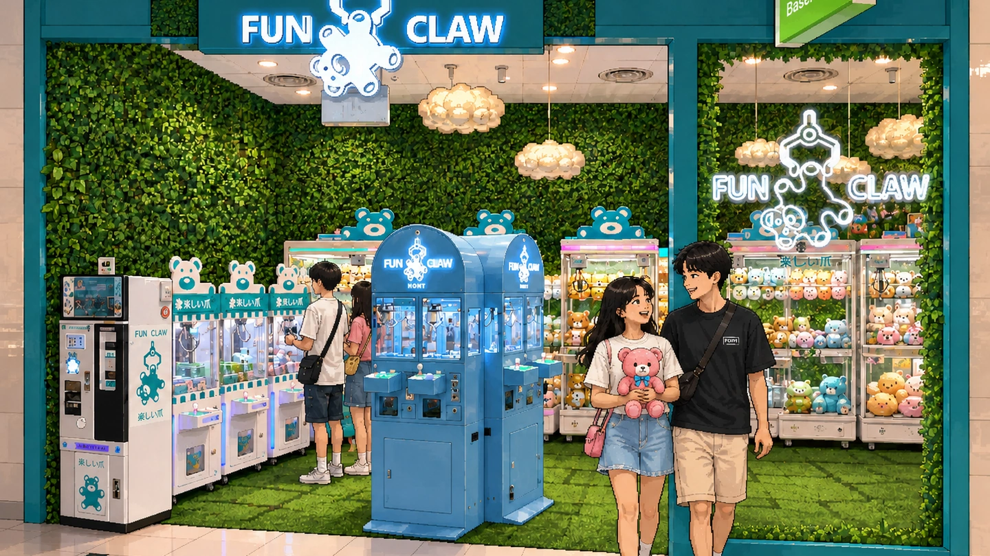 Pixel-art illustration of a couple leaving the Fun Claw shopfront with a pink bear, teal claw machines and a token changer behind them against a green foliage wall.