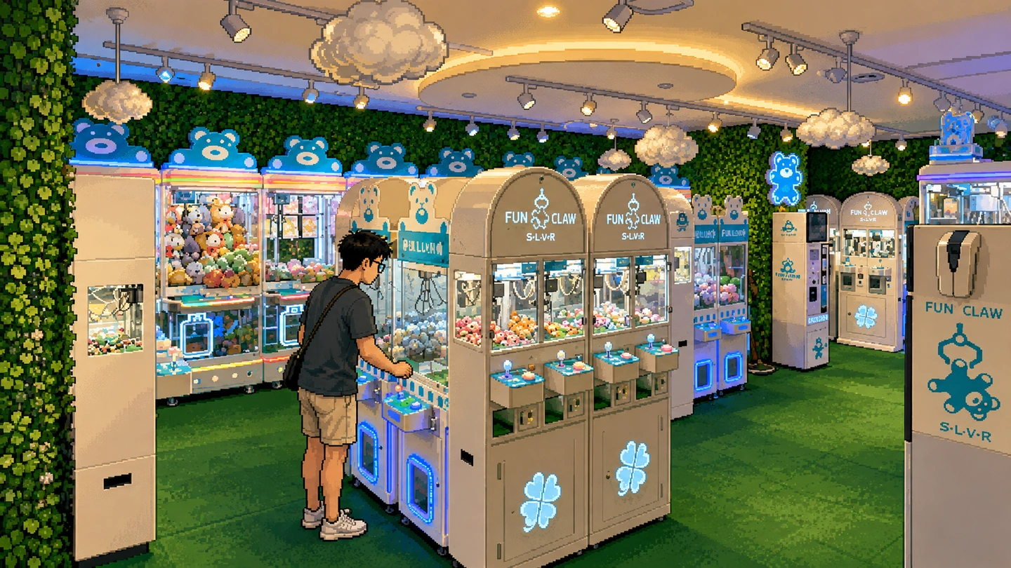 Pixel-art illustration of a man at a claw machine in a Fun Claw outlet done out with green grass flooring, a foliage wall and cloud lights above the cabinets.