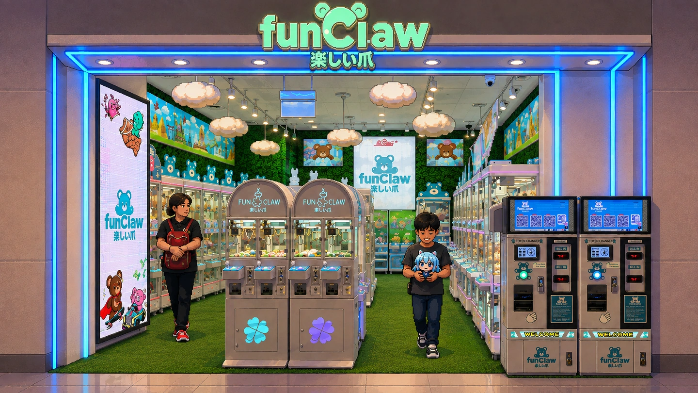 Pixel-art illustration of the Fun Claw shopfront, a bright open arcade of claw machines with astroturf flooring, cloud lights overhead and token changers by the entrance.