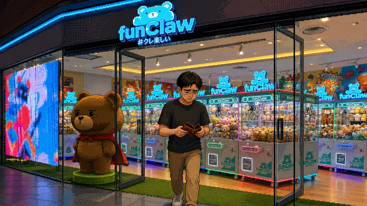 Pixel-art illustration of a man checking his wallet as he leaves the Fun Claw shopfront at night, the lit brand sign and bear mascot behind him beside rows of claw machines.