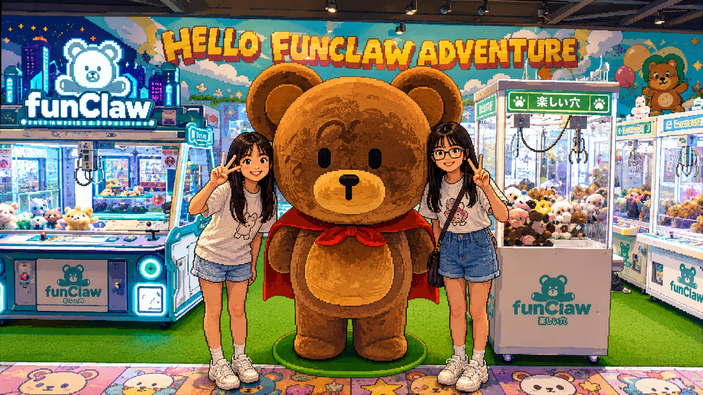 Pixel-art illustration of two friends posing either side of a giant caped teddy bear mascot at Fun Claw, claw machines and a painted mural around them.