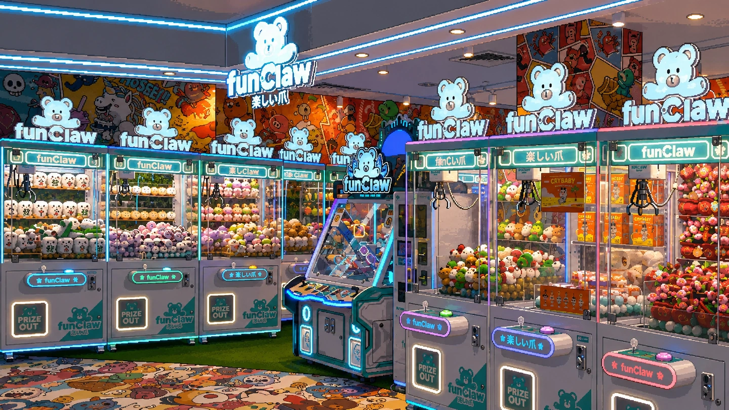 Pixel-art illustration of two banks of neon-edged Fun Claw cabinets facing each other across a patterned carpet, plush and boxed figures stacked behind every window and a lit bear logo on the back wall.