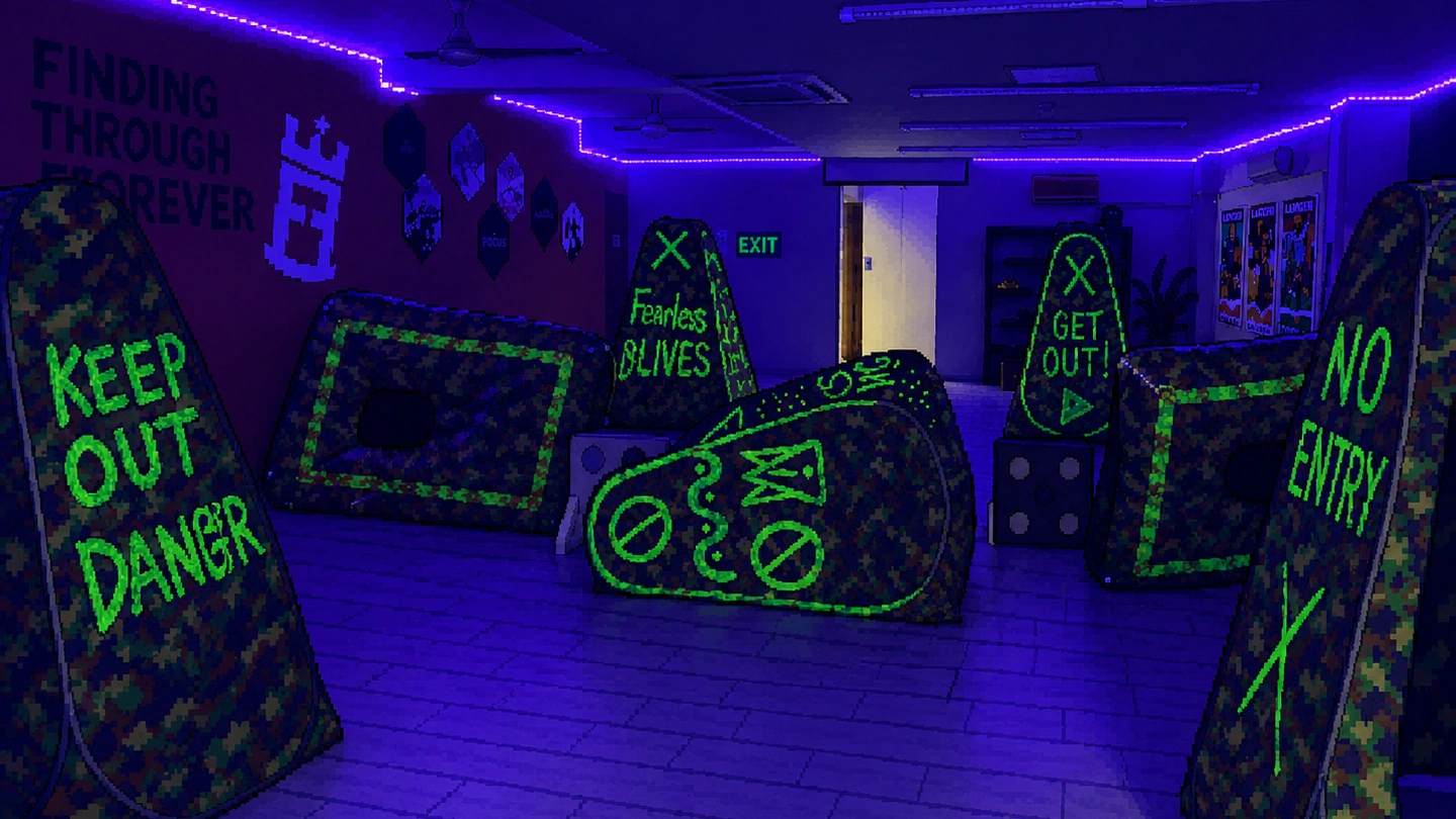 Pixel-art illustration of the arena at FunEmpire, camouflage bunkers marked KEEP OUT and NO ENTRY in glowing paint under ultraviolet light.