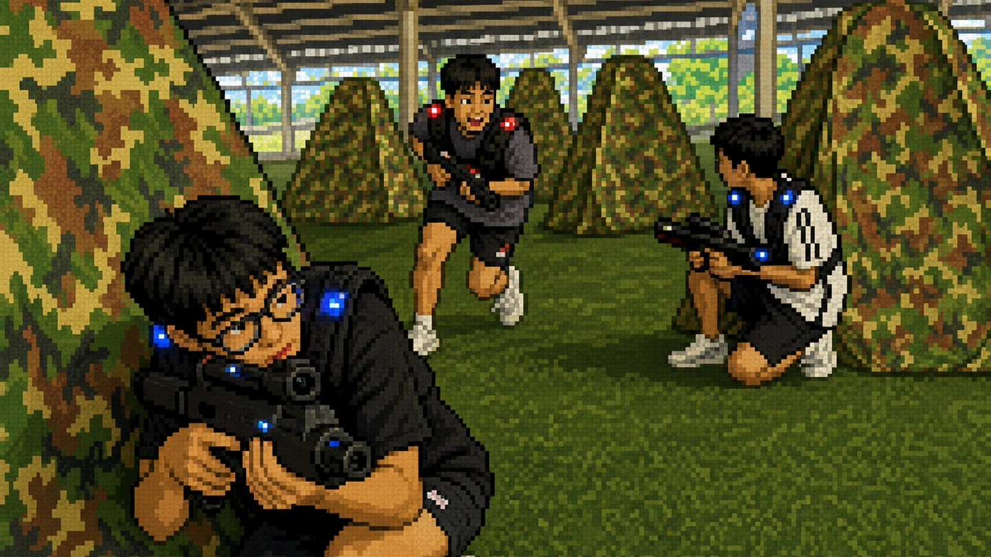 Pixel-art illustration of a Go Team Laser Tag match outdoors, three players in lit vests taking cover behind camouflage bunkers on an astroturf arena.
