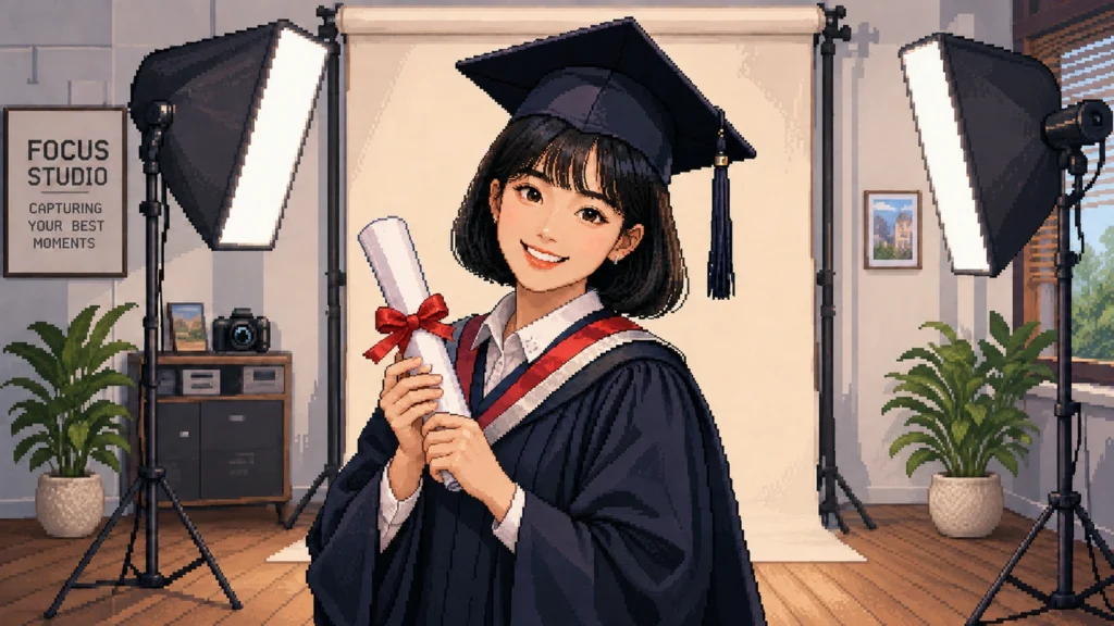 Pixel-art illustration of a graduate in cap, gown and hood holding a ribboned scroll in a self-photo studio, softbox lights either side of a plain backdrop.