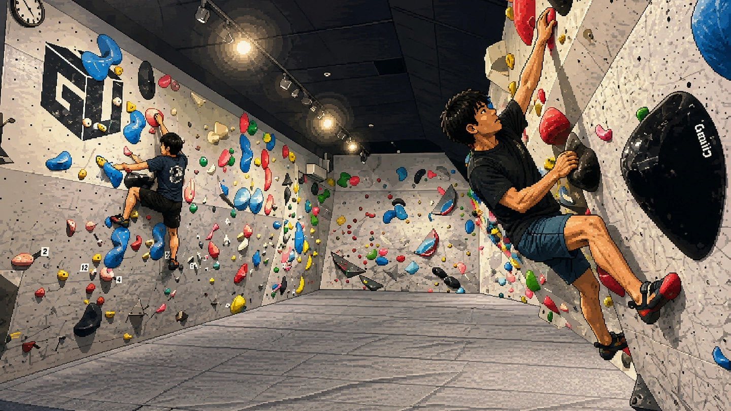 Pixel-art illustration of two climbers on opposite bouldering walls at Ground Up, one reaching high on a steep overhang while the other works a slab, numbered route tags beside the holds.