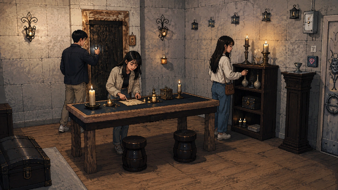 Pixel-art illustration of three players searching a candlelit stone dungeon room at Grounded Escape Room, one studying a cipher sheet on a wooden table, another reaching for glass bottles on a shelf, iron lanterns along the walls.