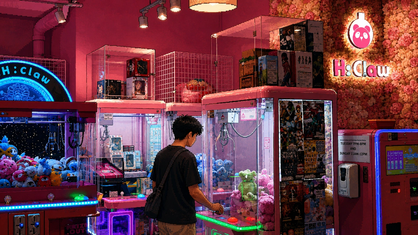 Pixel-art illustration of a man at a claw machine in a pink-lit H:Claw shop, the brand sign mounted on a wall of artificial flowers beside cabinets of plush and boxed figures.