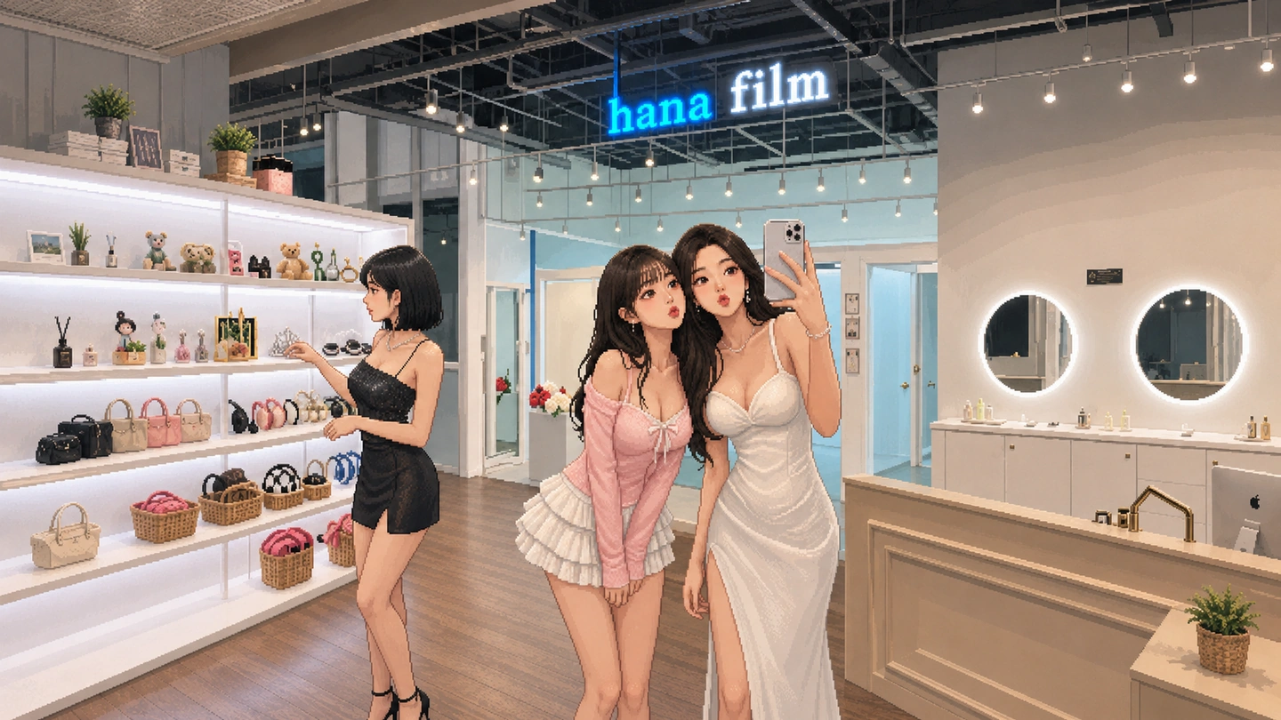Illustration of two friends posing for a phone photo inside Hana Film at CityLink, a wall of props and bags beside them and lit mirrors along the far wall.