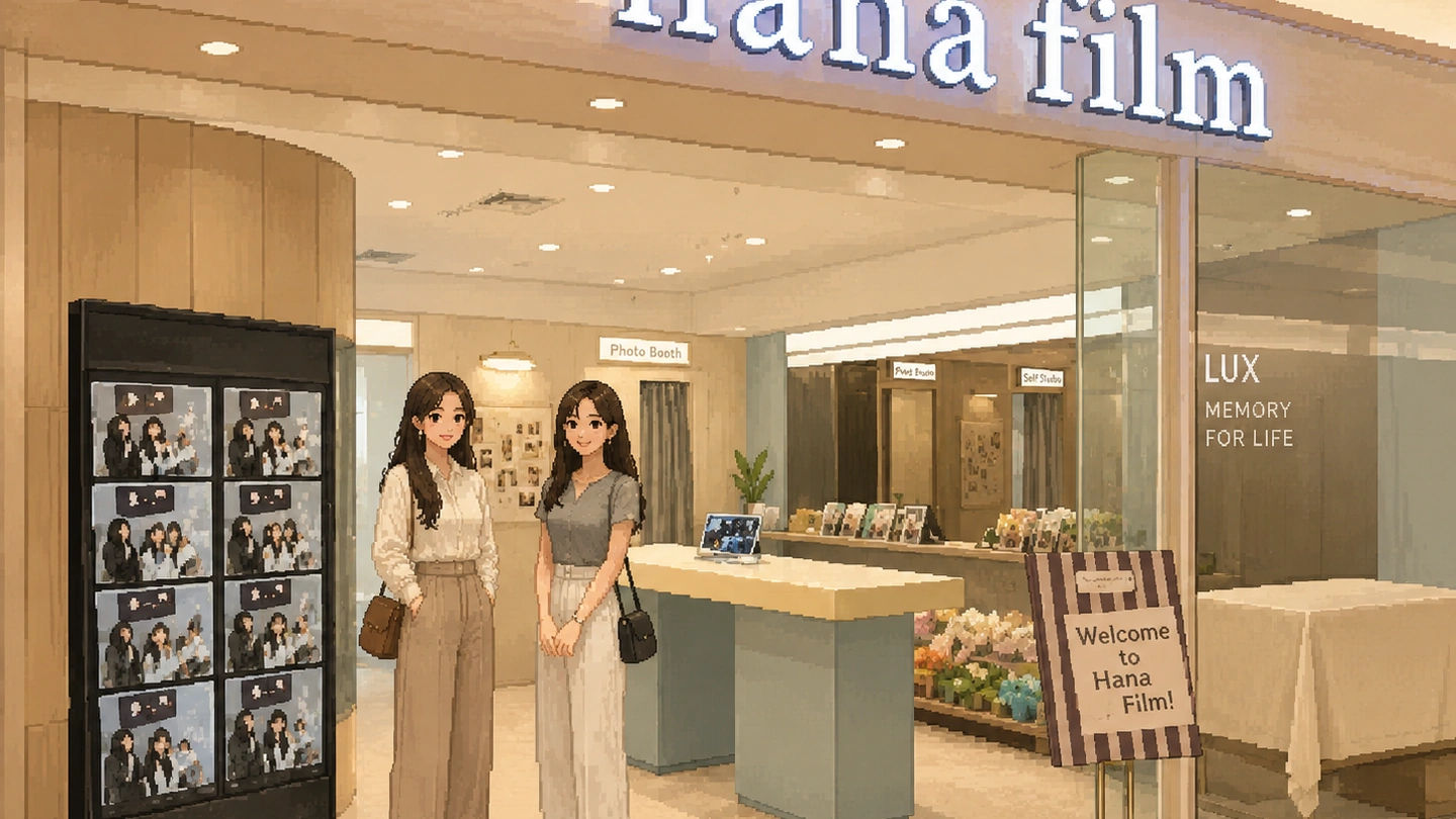 Illustration of two friends standing outside the Hana Film self-photo studio at Orchard Central, a display of sample photo strips beside them and booths behind.