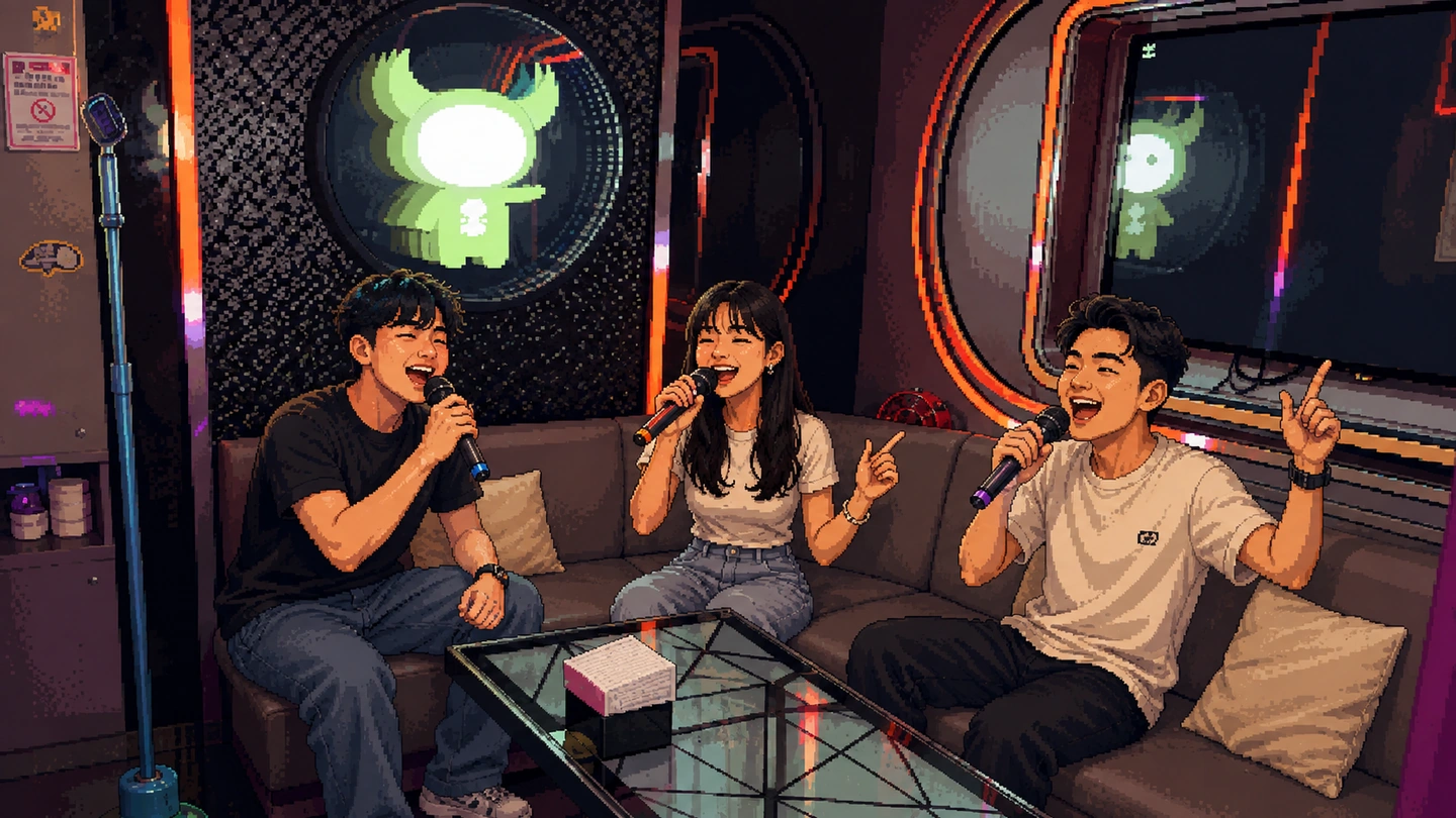 Pixel-art illustration of three friends singing together on a sofa in a small karaoke room, a lit character mural behind them and the song screen alongside.