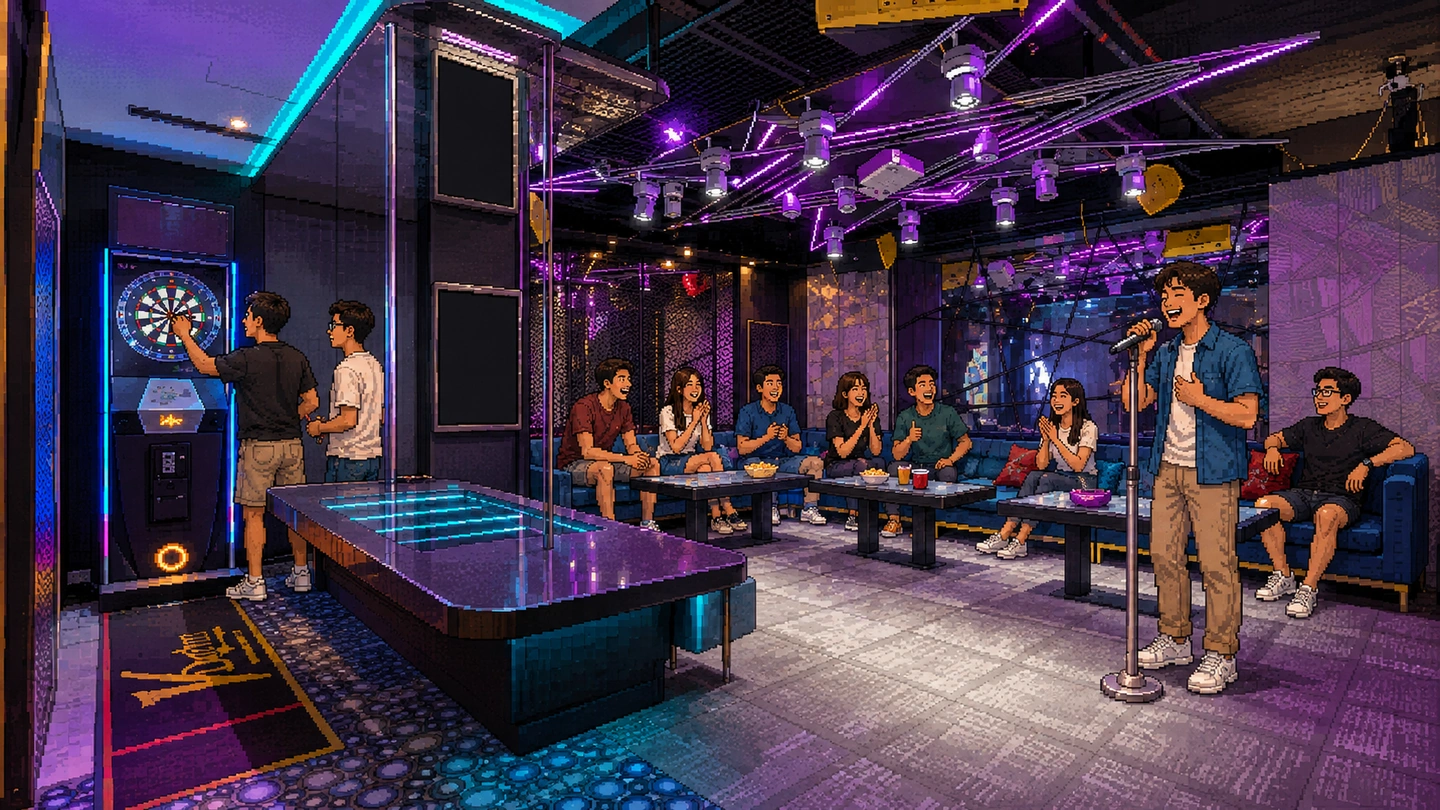 Pixel-art illustration of a large purple-lit karaoke room, one man singing at a stand mic to a seated crowd while two others play darts beside a lit shuffleboard table.