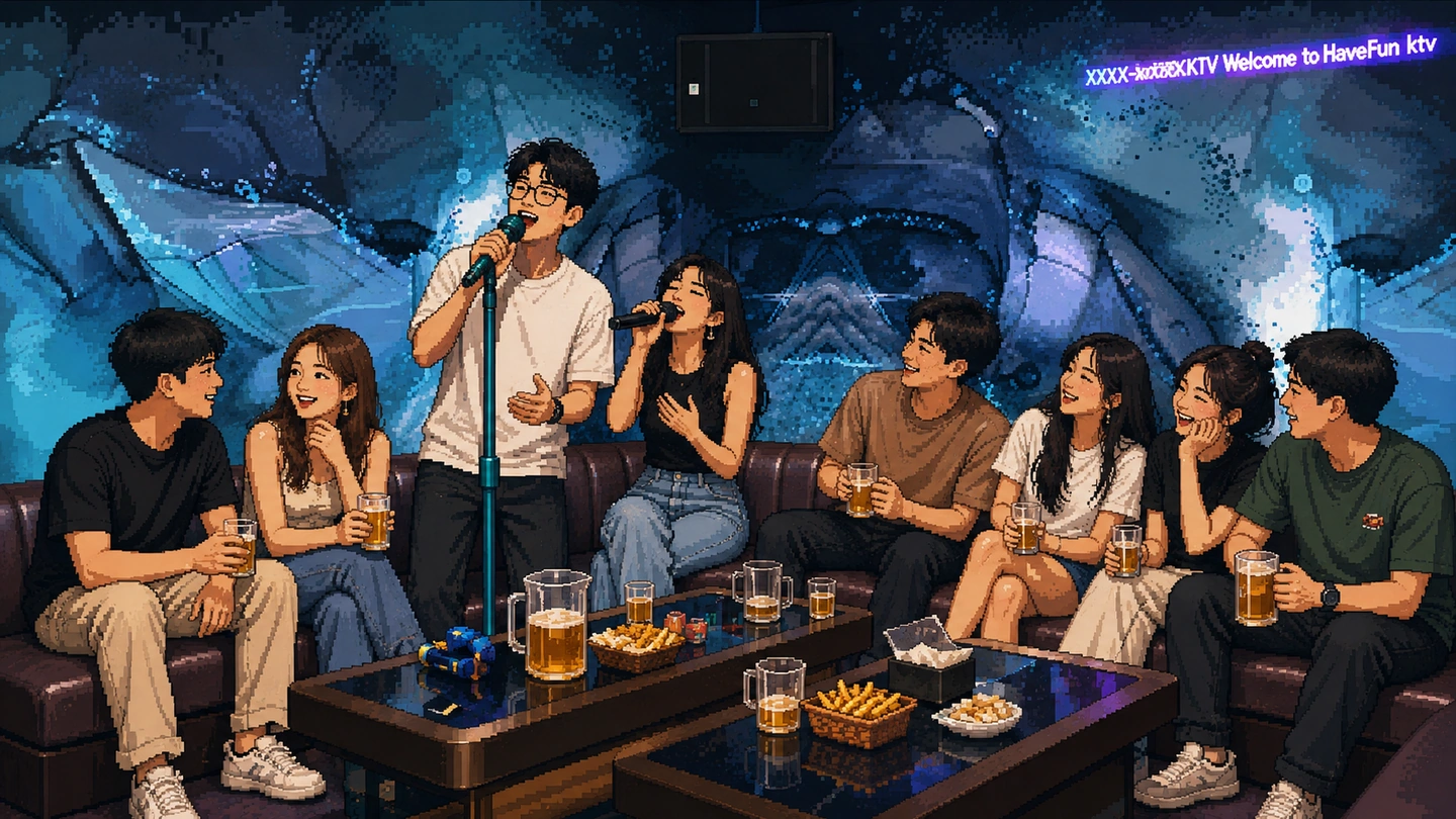 Pixel-art illustration of nine friends filling a karaoke room, two singing at the front while the rest watch from the sofas with beer jugs and snacks on the tables.