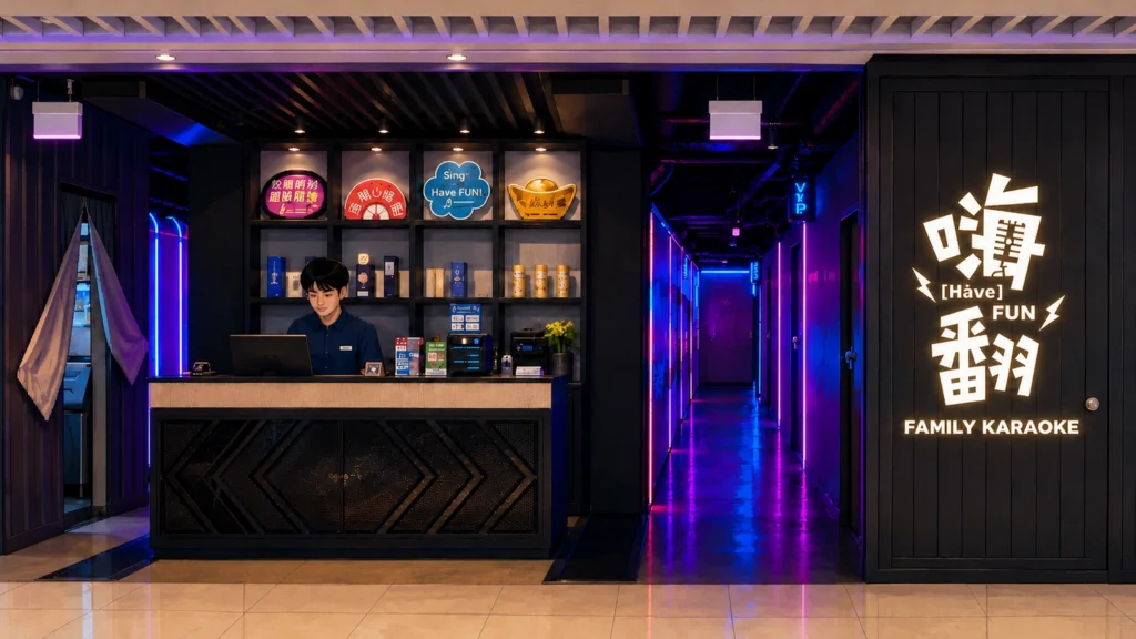 Pixel-art illustration of the reception desk at a HaveFun karaoke outlet, neon-lit corridor of rooms behind and the chain sign on the wall.