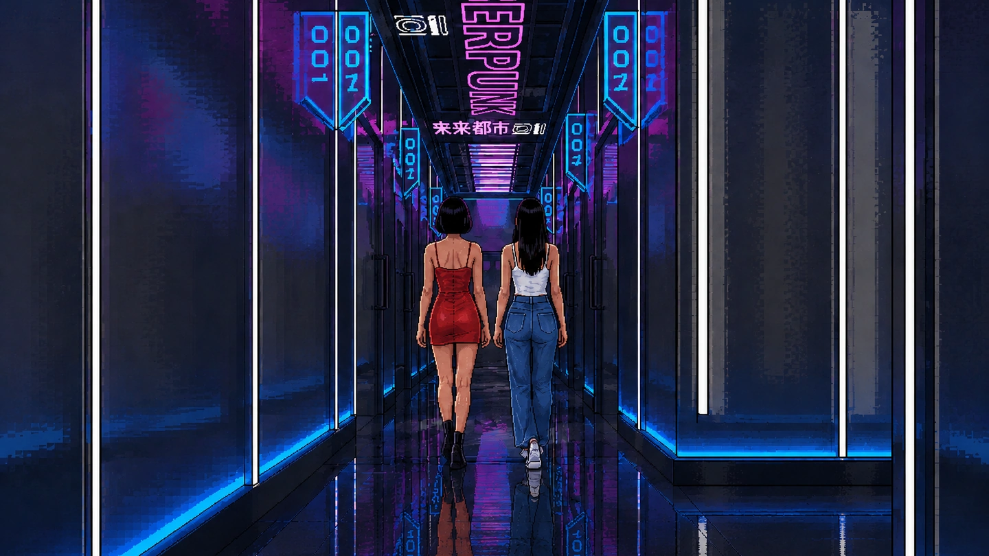 Pixel-art illustration of two women walking down a dark karaoke corridor lit in blue and pink neon, numbered room signs above the doors on either side.