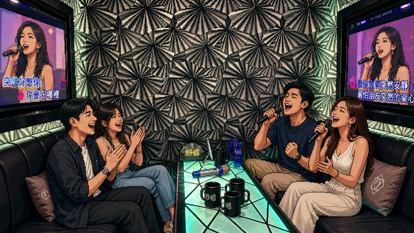Pixel-art illustration of two couples in a karaoke room with a sculpted grey feature wall, one pair singing into microphones while the others applaud across a lit table.