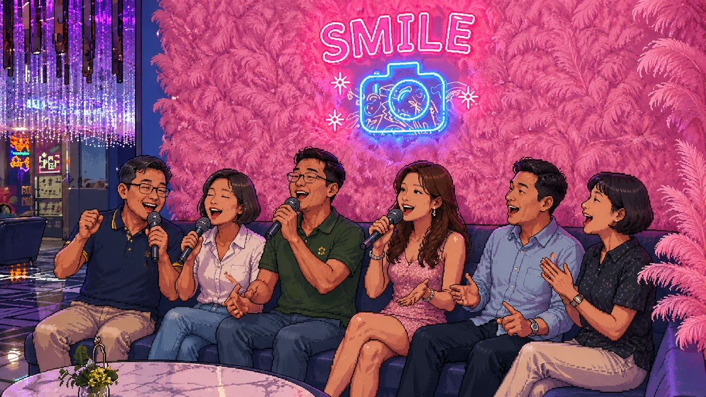 Pixel-art illustration of six adults singing together on a sofa in front of a pink feathered wall, a neon camera sign reading Smile lit above them.