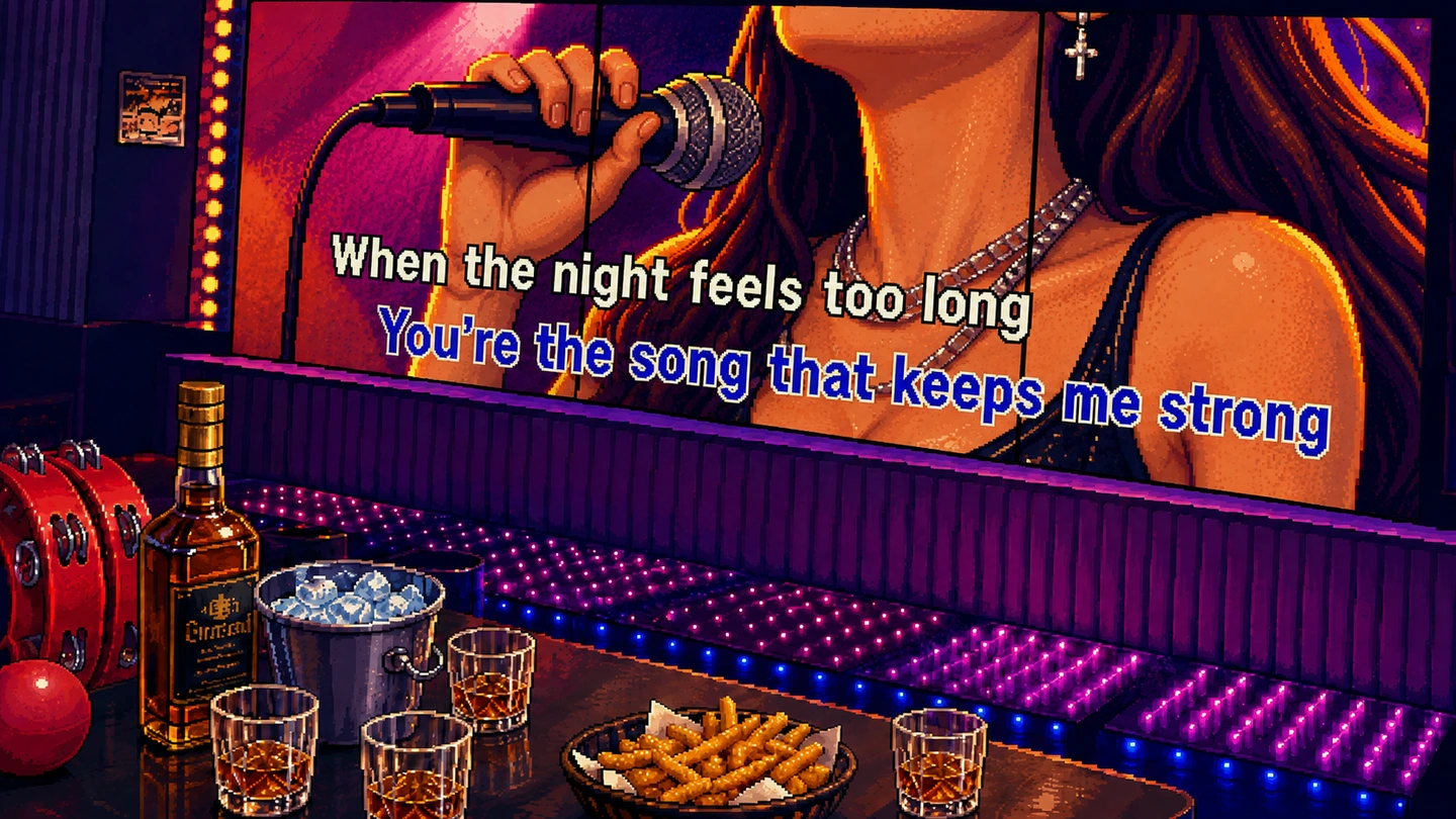 Pixel-art illustration of a karaoke room table set with whisky, an ice bucket, tumblers and a basket of fries, a tambourine alongside and the lyric screen filling the wall behind.