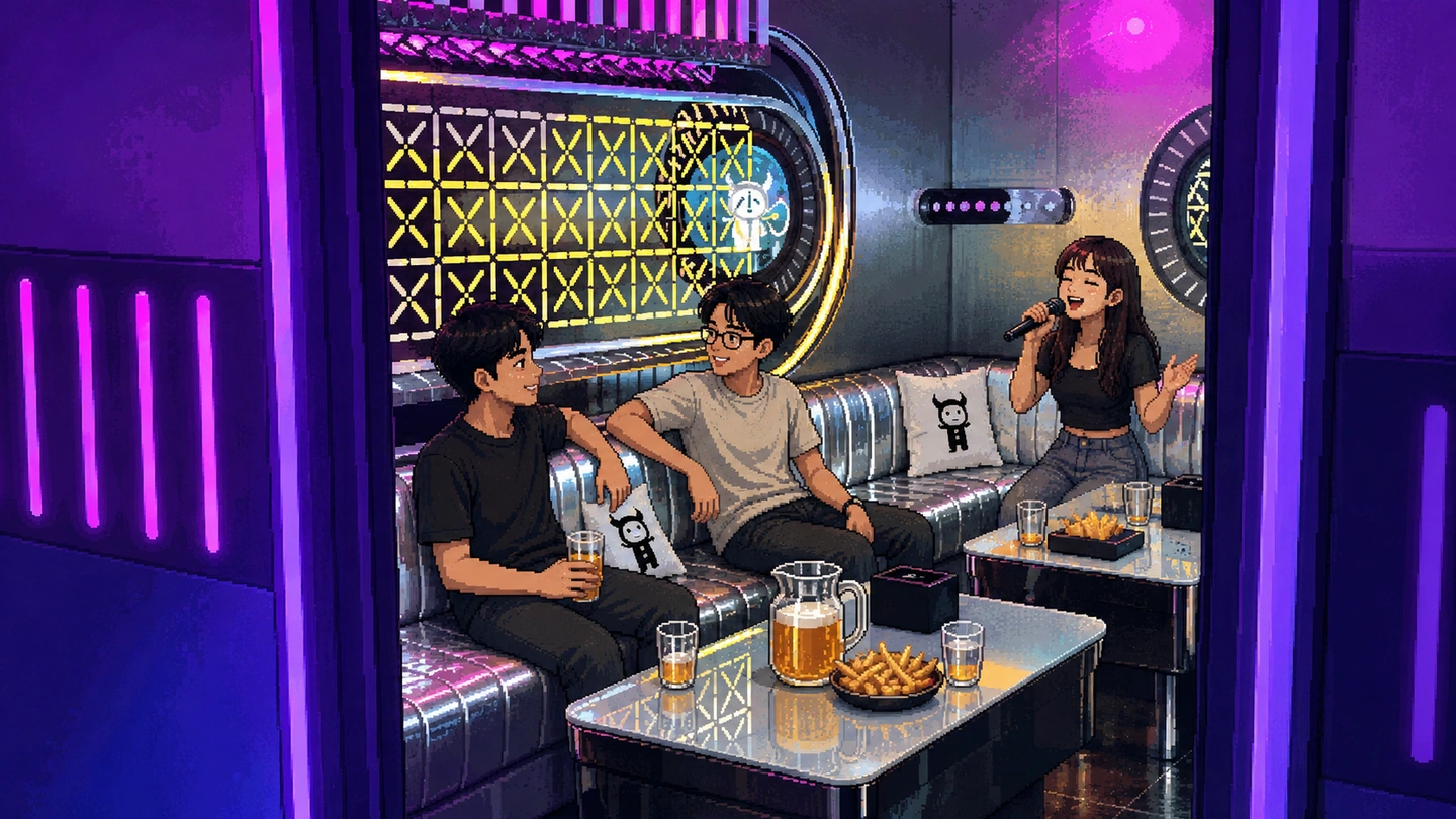Pixel-art illustration of three friends in a small silver-and-neon karaoke room, one singing while the other two sit with a jug of beer and fries on the table.
