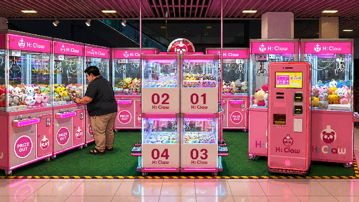 Pixel-art illustration of a man playing a claw machine in a pink H:Claw shop, green turf underfoot, an island of stacked cabinets numbered 01 to 04 in the middle of the floor and a token machine standing at the right.