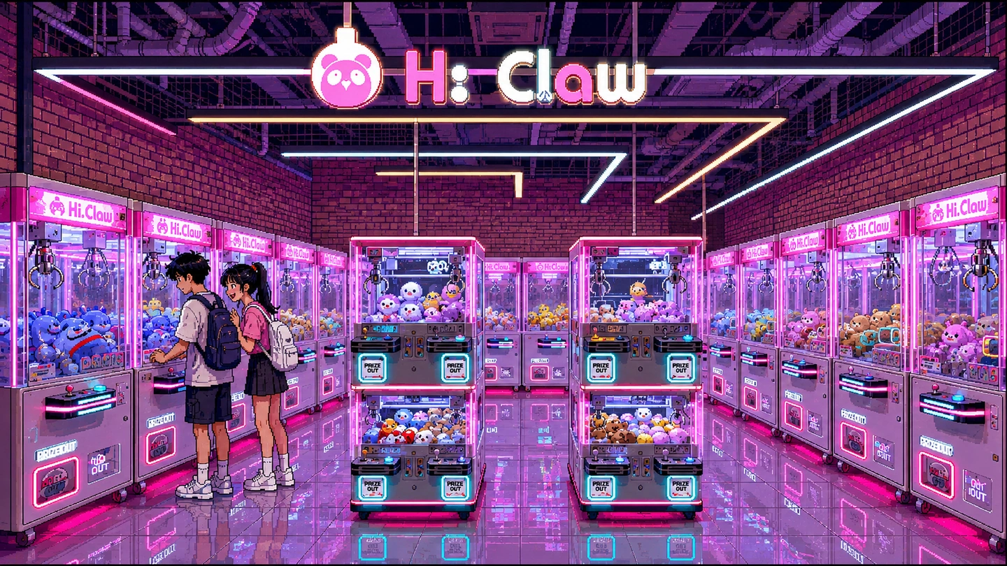 Pixel-art illustration of two teenagers in backpacks leaning over a cabinet in a narrow, pink-lit H:Claw shop, the brand sign above them and rows of plush-filled machines reflected in the polished floor.