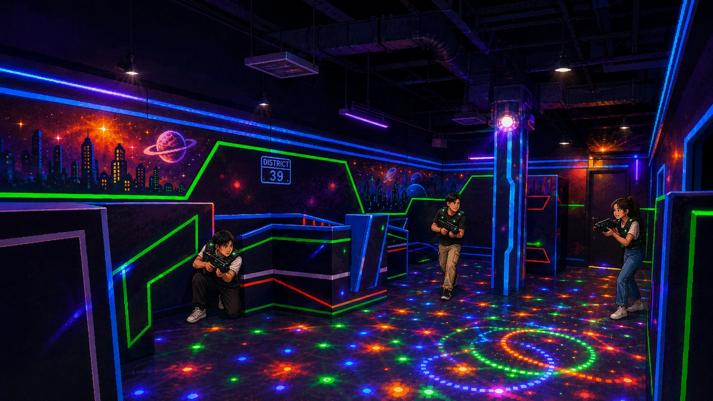 Pixel-art illustration of three players in light-up vests taking cover behind neon-edged barricades in a blacklit laser tag arena, a painted space city on the wall and coloured lights scattered across the floor.