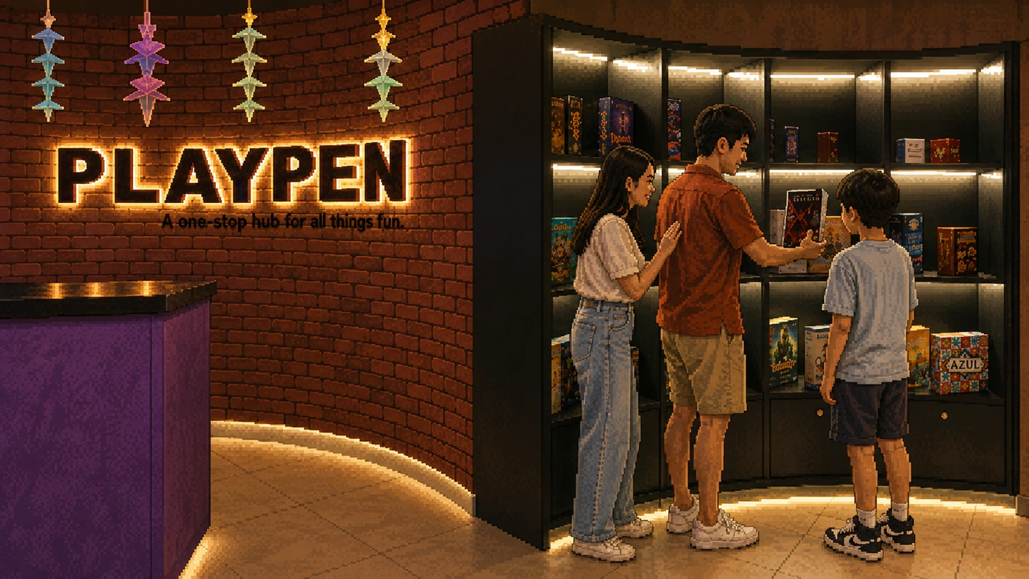 Pixel-art illustration of the PlayPen entrance, a lit sign on exposed brick beside the counter, with three people choosing from a wall of board games on shelves.
