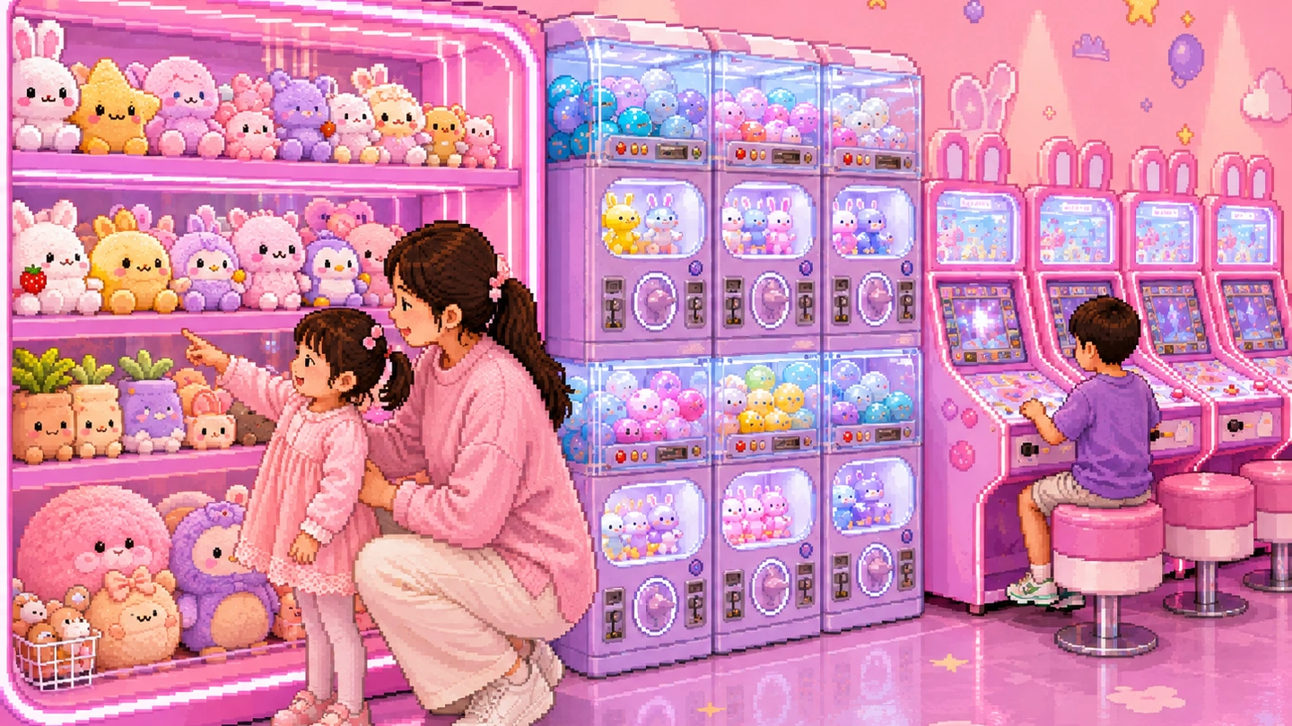 Pixel-art illustration of a mother crouching beside her small daughter as she points at shelves of soft toys in a pink HopHop Bunny shop, capsule machines and prize cabinets alongside.