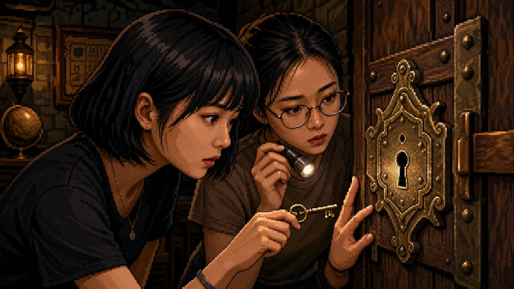 Pixel-art illustration of two women at an escape room door in lamplight, one shining a torch while the other holds a brass key up to an ornate keyhole.